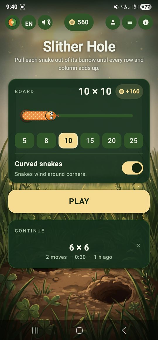 The Slither Hole menu in the Meadow biome, with a 10 by 10 board selected and a saved game waiting to be continued