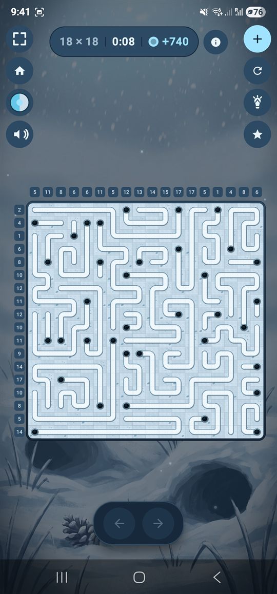 An 18 by 18 board part-way through in the Tundra biome, snakes pulled out of their burrows and netting laid across the paths that are ruled out