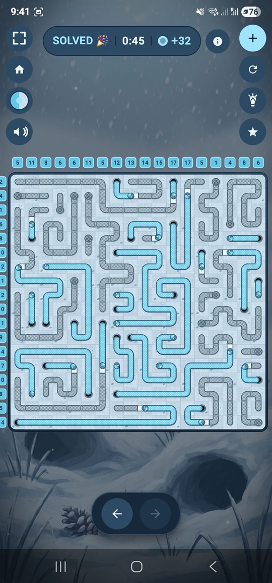 The same 18 by 18 board solved, every clue green and every snake resting on its finished path