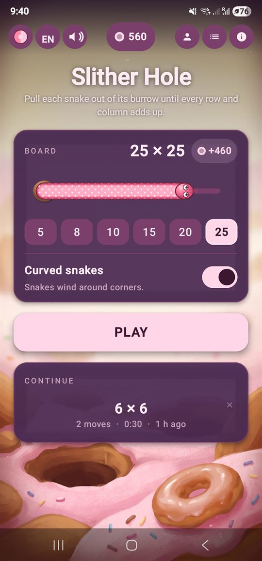 The menu in the Candy biome, pink and purple, with the board size dial set to 25 by 25