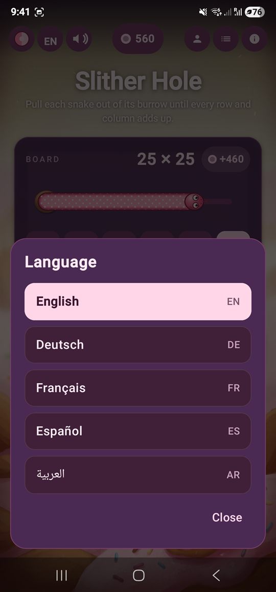 The language picker showing English, Deutsch, Français, Español and العربية