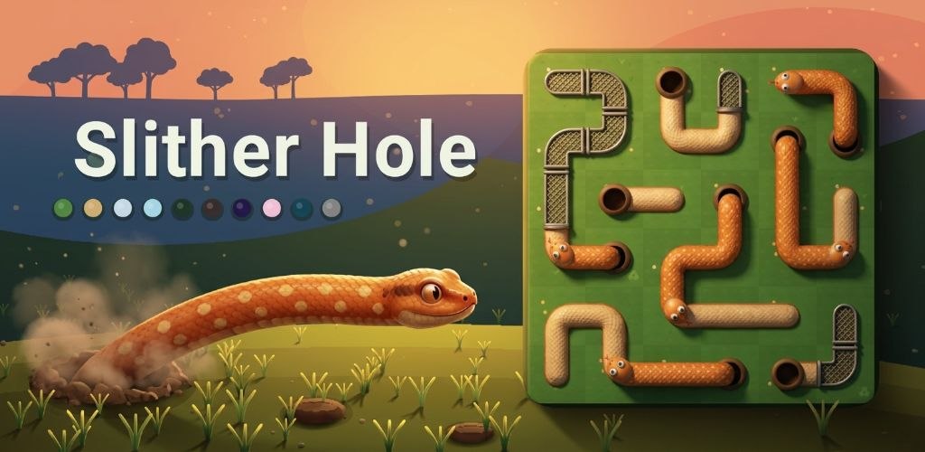 Slither Hole key art: a long orange snake drawn out of its burrow across a meadow at dusk, beside a solved green puzzle board of snakes and holes